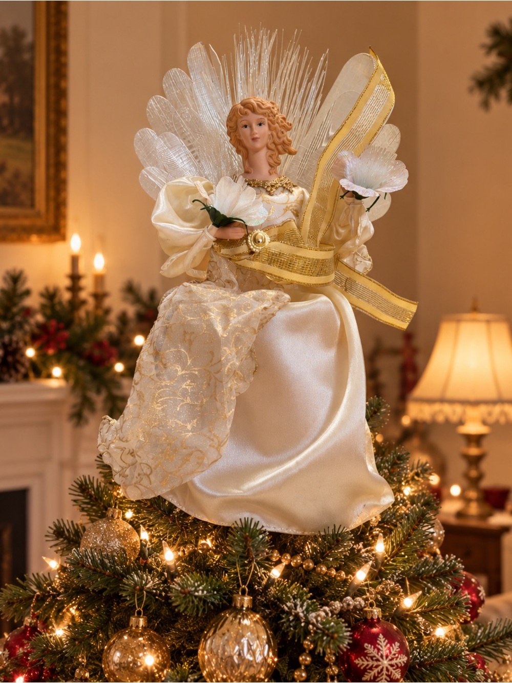 Fiber Optic Angel Christmas Tree Topper Ivory Gold Floral 12”